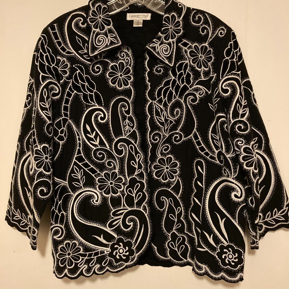 Coldwater Creek Jacket Size 6 Embroidered Floral Black and White 3/4 Sleeve